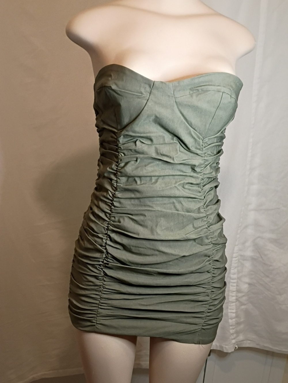 PrettyLittleThing Strapless Ruched Mini Dress - Olive Size 8